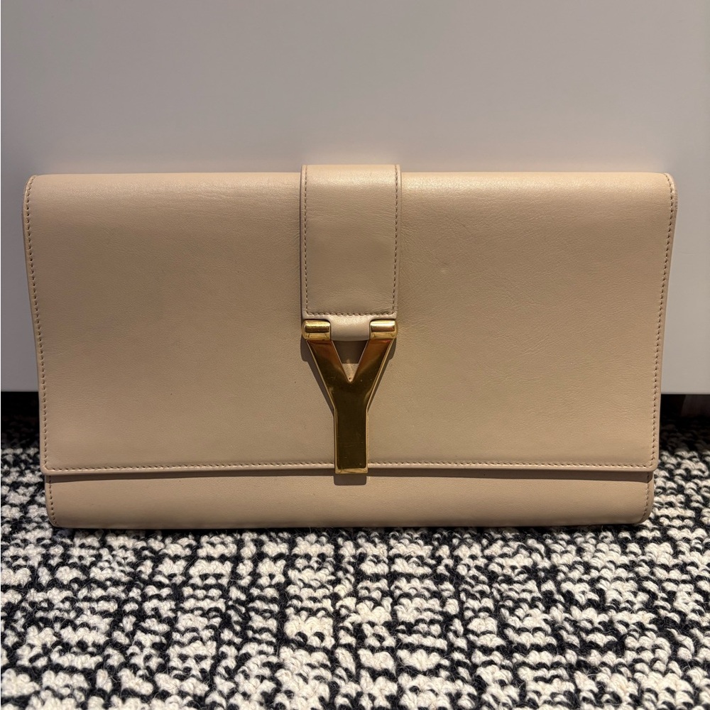 Yves Saint Laurent Beige Clutch with Gold Detail